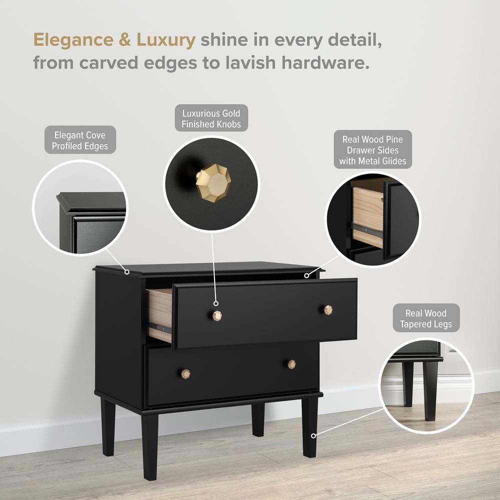 Lux Black 2 Drawer Nightstand with Gold Accents