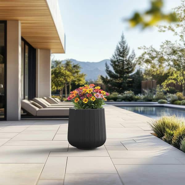 13 in. Medium Charcoal Black (Enhanced Interior) Concrete Round Planter / Pot with Drainage Holes