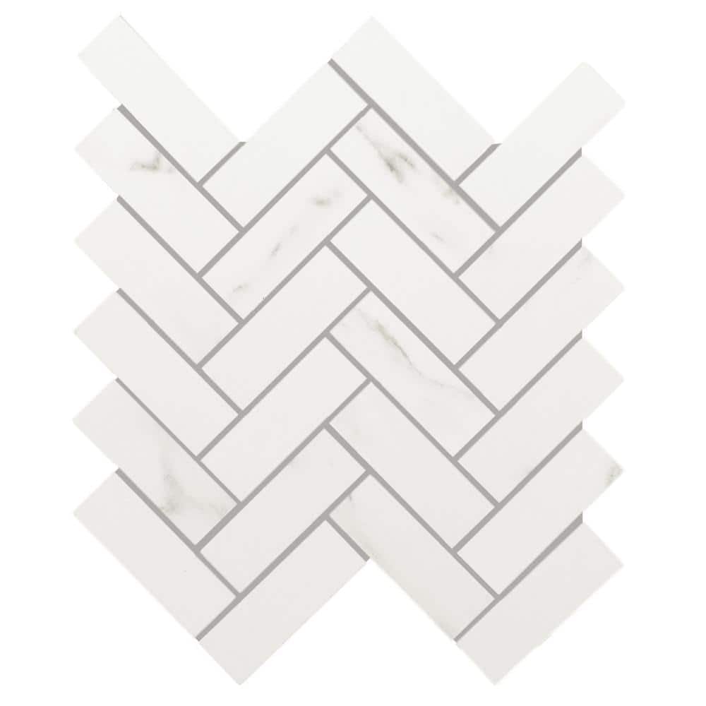 Florida Tile Home Collection Michelangelo Calacatta 12 in. x 15 in. Herringbone Matte Porcelain Floor and Wall Mosaic Tile (4.77 sq. ft. / Case), White/Matte -  CHDEZEN10MHER