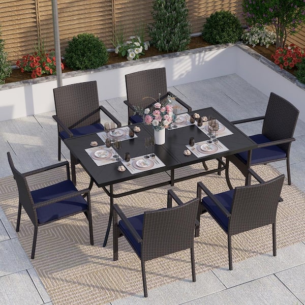PHI VILLA Black 7-Piece Metal Patio Outdoor Dining Set with Rectangle Table and Rattan Chair with Blue Cushion