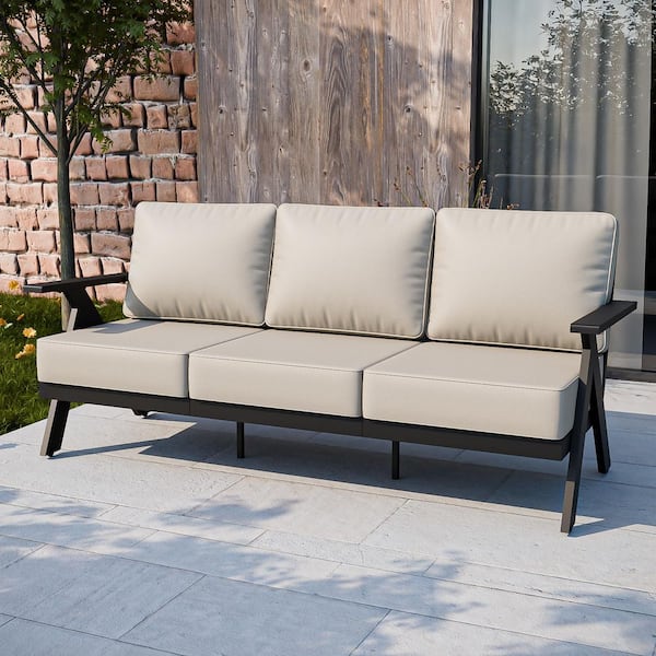 Black Frame Aluminum Outdoor Couch All Weather Patio Sofa with 3-Seats, Beige Cushions for Garden Lawn Backyard