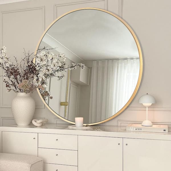 Sxiawe 36.1 in. W x 36.1 in. H Gold Round Aluminum Alloy Frame Bathroom Mirror Vanity Wall Mirror