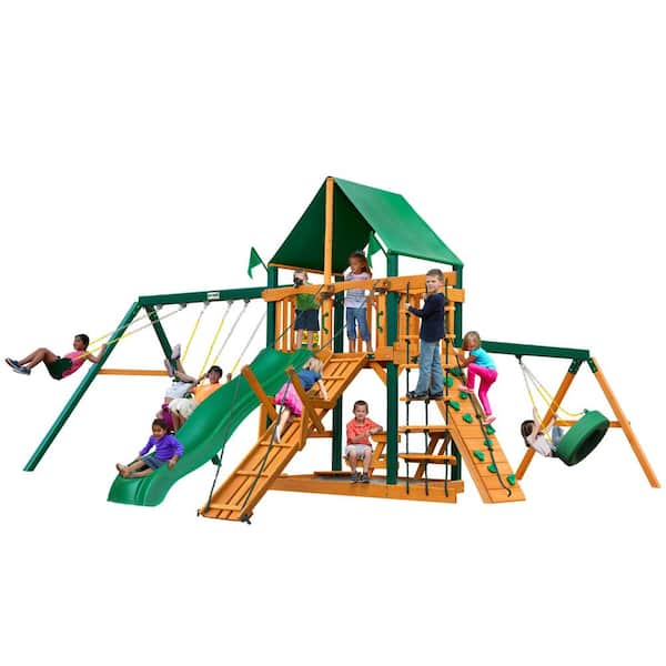 Gorilla Playsets Frontier Wooden Swing Set with Green Vinyl Canopy, Timber Shield Posts and Tire Swing