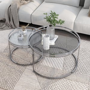 Wingate 2-Piece 33.13 in. Gray Round Glass Nesting Tables Set