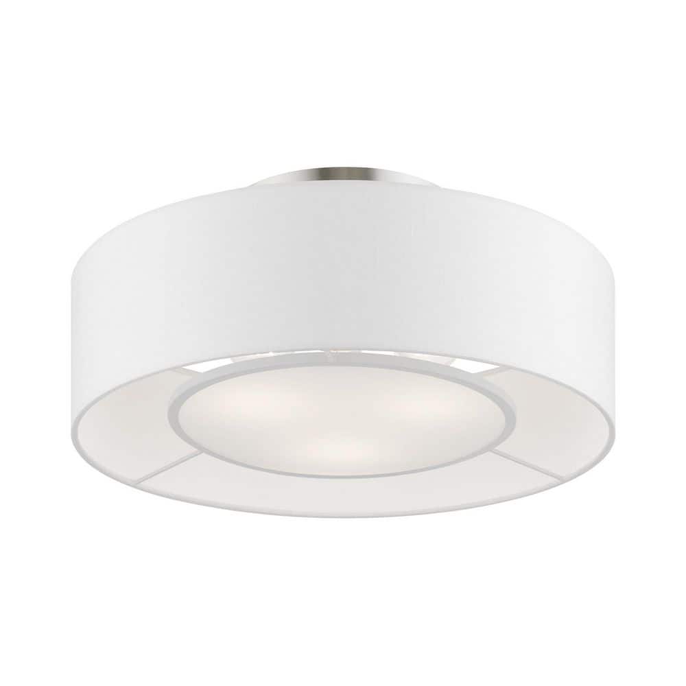 Elegant Brushed Nickel 3-Light Semi-Flush Mount with Off-White Drum Shade