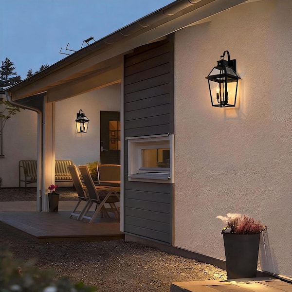 20 in. 3-Light Matte Black Hardwired Outdoor Wall Light Lantern Porch Sconce with Clear Glass Shade, No Bulbs Included