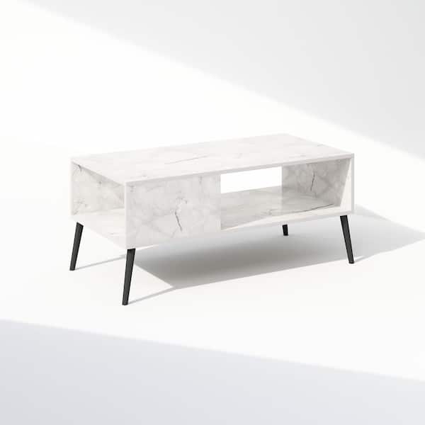 Furinno Claude Marble White TV Stand Entertainment Center Fits TV's up to 40 in. with Wood leg