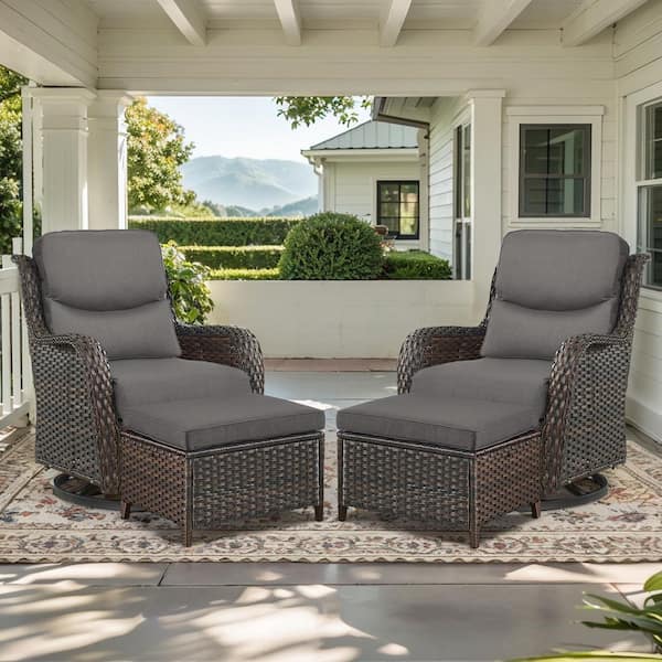 Crescent Brown Wicker Outdoor Rocking Chair Set with 5 in. Thick Gray Cushions, Swivel Rockers and Ottomans (4-Pack)