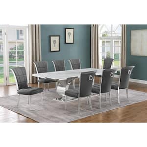 Ibraim 9-Piece Rectangle White Marble Top with Stainless Steel Base Dining Set with 8-Dark Grey Velvet Iron Leg Chairs