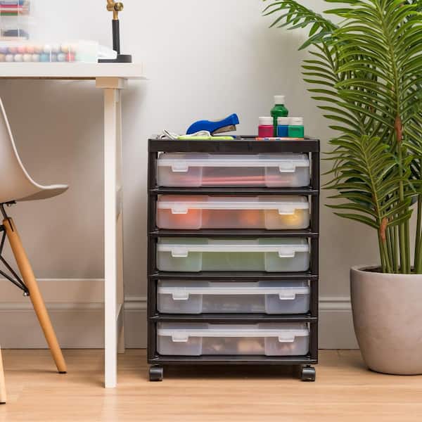 5 Drawers Plastic Scrapbook Rolling Storage Cart with Organizer Top and Casters, Black