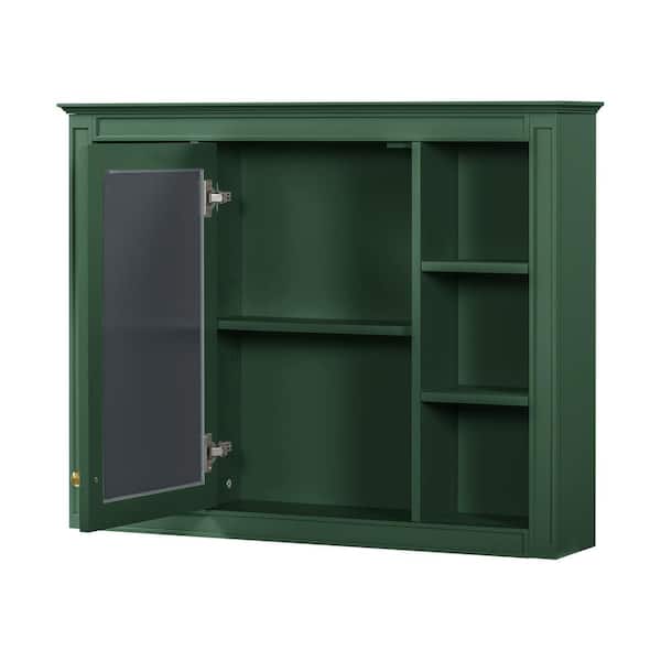 35.03 in. W x 7.32 in. D x 27.5 in. H  Wall Mounted Bathroom Storage Cabinet in Green with Mirror and 6 Open Shelves