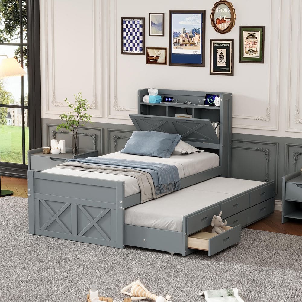 Tower Gray Wood Frame Twin Size Platform Bed with Storage Headboard, Charging Station, 3 Drawers, Trundle price history on PriceWatchPro