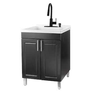 24 in. x 21.75 in. x 33.75 in. Thermoplastic Drop-In Utility Sink with Black Faucet, Soap Dispenser, Black MDF Cabinet