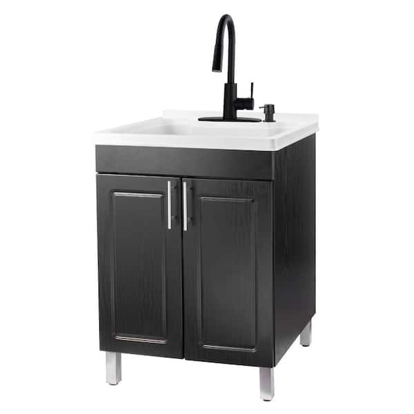 TEHILA 24 in. x 21.75 in. x 33.75 in. Thermoplastic Drop-In Utility Sink with Black Faucet, Soap Dispenser, Black MDF Cabinet