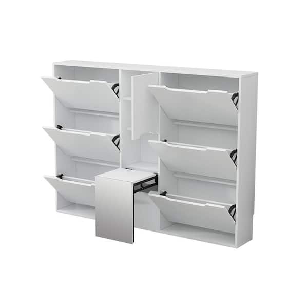 FUFU&GAGA 43.3 in H x 59.1 in W White Wood Shoe Storage Cabinet with a Mirror, 6 Drawers, 3 Shelves