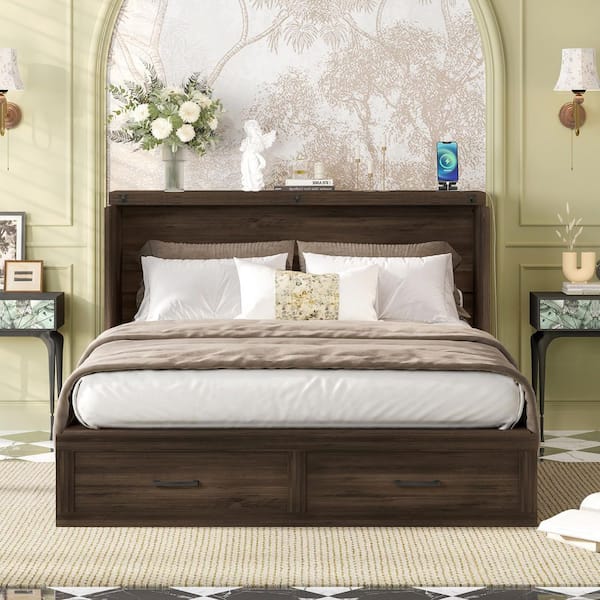 Jastin Rustic Gray Wood Frame Queen Size Foldable Murphy Bed Chest Cabinet with Large Drawer, USB Charging Station