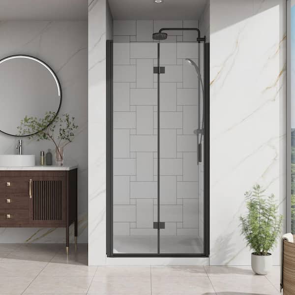 34 in. W x 72 in. H Bifold Frameless Shower Door 1/4 inch Tempered Clear Glass in Black, Reversible Installation