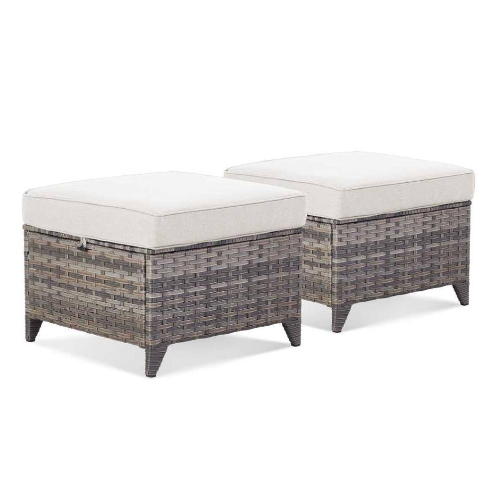 New Kalixx Gray Wicker Outdoor Patio Ottoman with Beige Cushions (Set of 2)