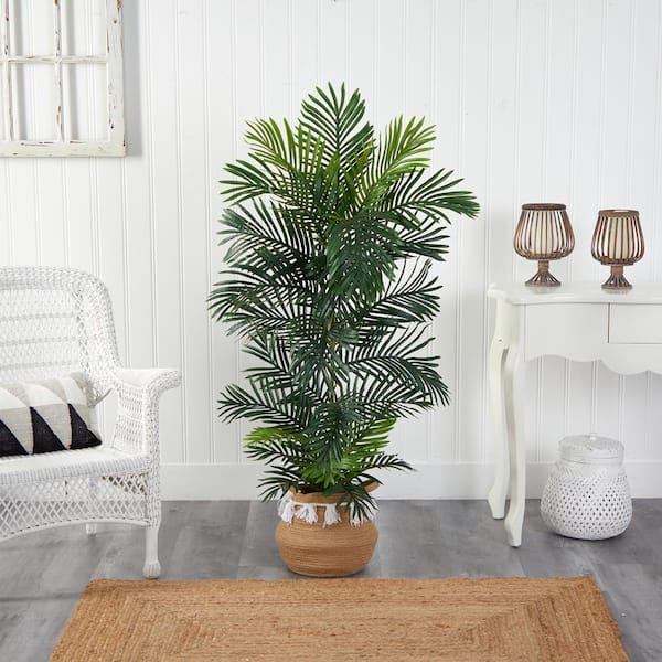 Nearly Natural 5 ft. Green Areca Artificial Palm Tree in Boho Chic Handmade Cotton Planter with Tassels UV Resistant (Indoor/Outdoor)