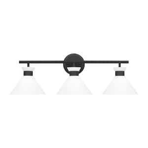 Belcarra 27 in. W x 9.125 in. H 3-Light Midnight Black Bathroom Vanity Light with Etched White Glass Shades