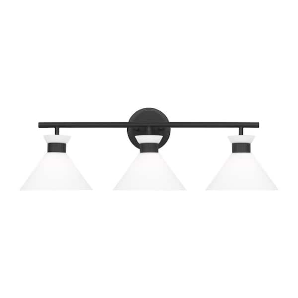 SCOTT LIVING Belcarra 27 in. W x 9.125 in. H 3-Light Midnight Black Bathroom Vanity Light with Etched White Glass Shades