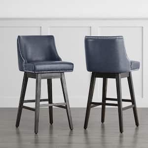 Martin 30 in. Navy Blue Solid Wood Frame Swivel Counter Height Bar Stool with Back and Faux Leather Seat (Set of 2)