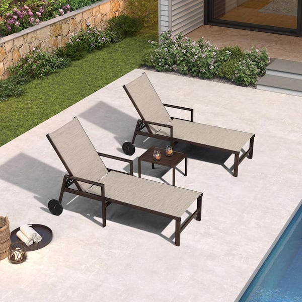 PURPLE LEAF Bronze, Aluminum Frame Outdoor Chaise Lounge Chair with Wheels and Armrests Recliner Chair, Mixed Gray