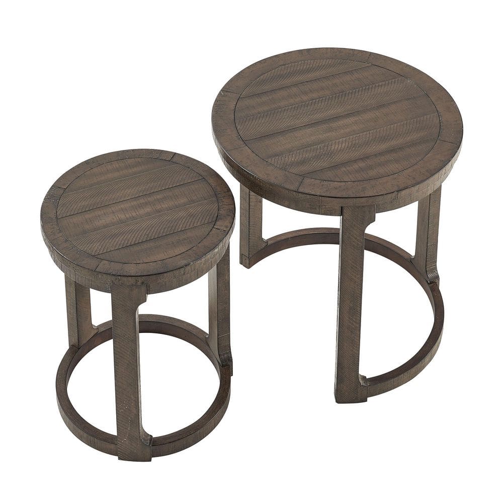 24.01" Set of 2 Nesting Coffee Tables, Dark Brown Pine Wood Round Side Table Set with Curved Base for Living Room