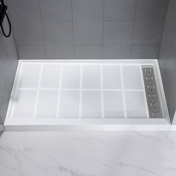 Sunrosa 48x32x4 Inch Shower Base - Single Threshold Right Drain Solid Surface Pan