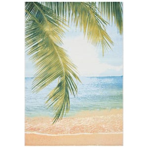 Barbados Gold/Blue 5 ft. x 8 ft. Nautical Palm Leaf Indoor/Outdoor Patio  Area Rug