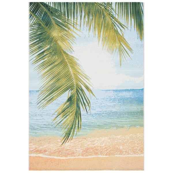 Barbados Gold/Blue 8 ft. x 10 ft. Nautical Palm Leaf Indoor/Outdoor Patio  Area Rug