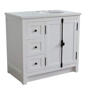 Plantation 37 in. W x 22 in. D x 36 in. H Bath Vanity in Glacier Ash with White Quartz top and Right Side Oval Sink