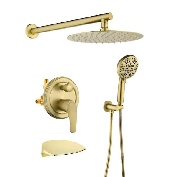 Rain Single Handle 7-Spray Tub Shower Faucet Handheld Combo with Valve 1.8 GPM 10 in. Adjustable Head in Gold