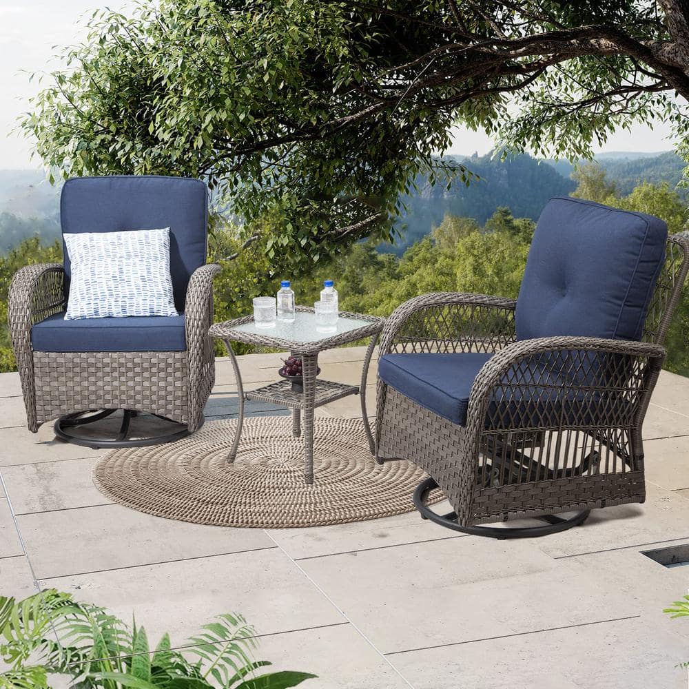 3-Piece Brown Frame Wicker Patio Outdoor Bistro Set, with Square Coffee Tab