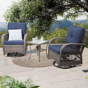 3-Piece Brown Frame Wicker Patio Outdoor Bistro Set, with Square Coffee Table, Blue Cushions, for Garden