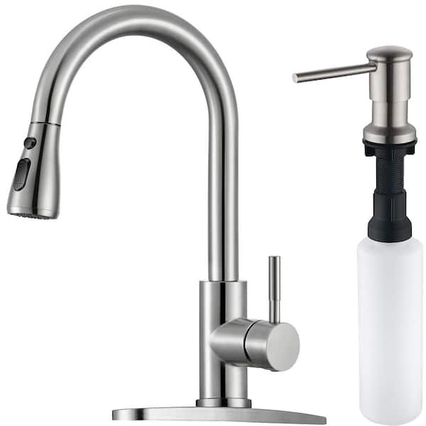 Single Handle Pull Down Sprayer Kitchen Faucet with Soap Dispenser in Brushed Nickel