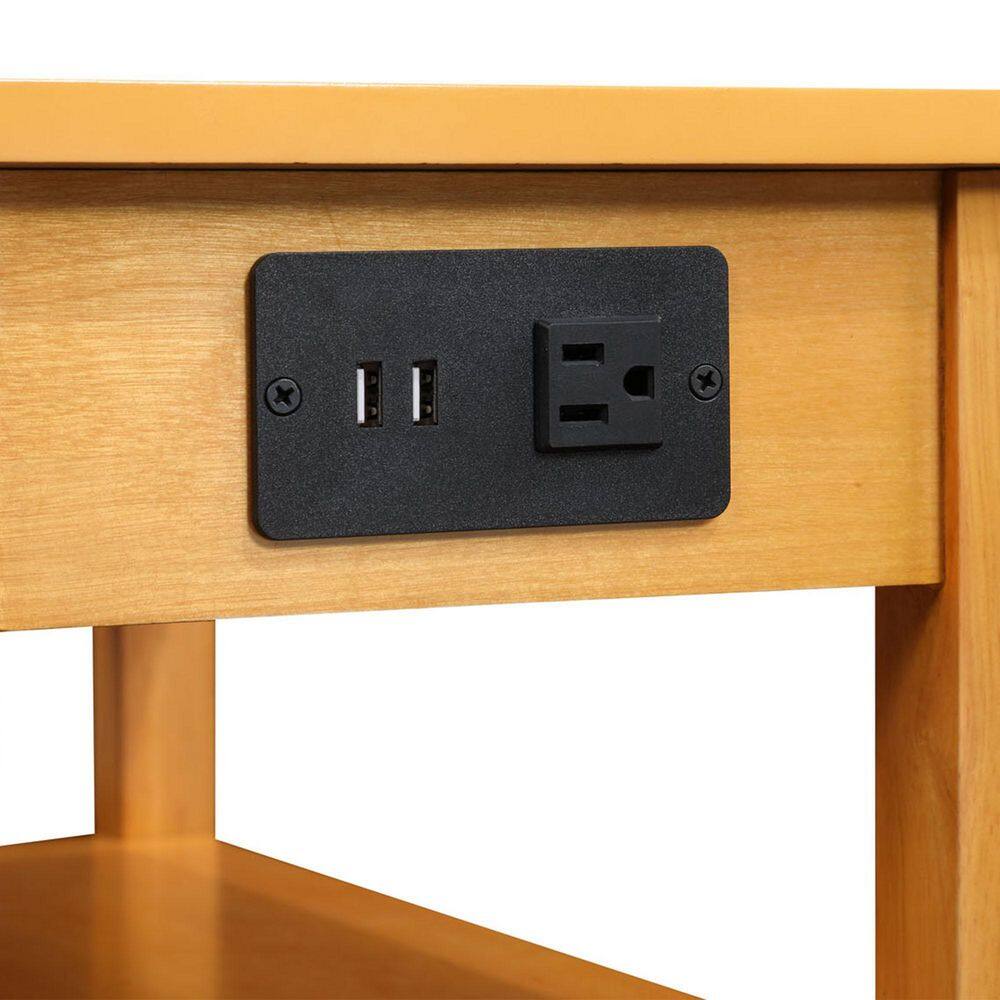 Natural Rubberwood End Table with Charging Station and Shelves