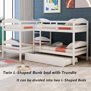 White Twin Size L-Shaped Bunk Bed with Trundle, Converted Into 2 L-Shaped Bed, Built-In Ladder and Guardrail, Wood