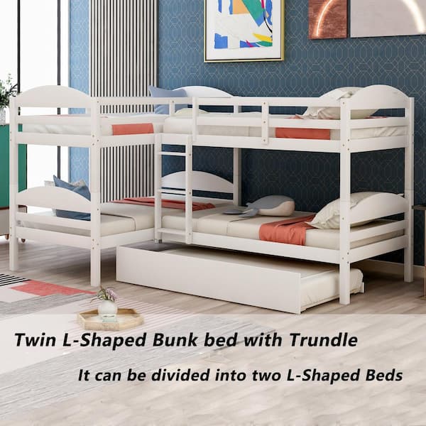 ANBAZAR White Twin Size L-Shaped Bunk Bed with Trundle, Converted Into 2 L-Shaped Bed, Built-In Ladder and Guardrail, Wood