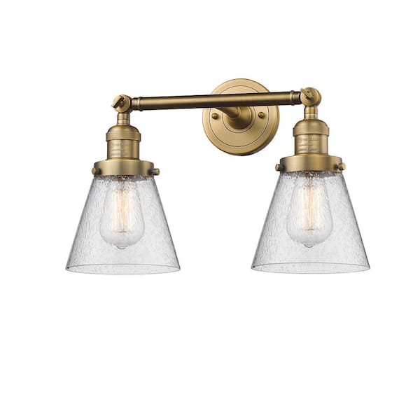 Innovations Small Cone 16 in. 2-Light Brushed Brass Vanity Light with Seedy Glass Shade