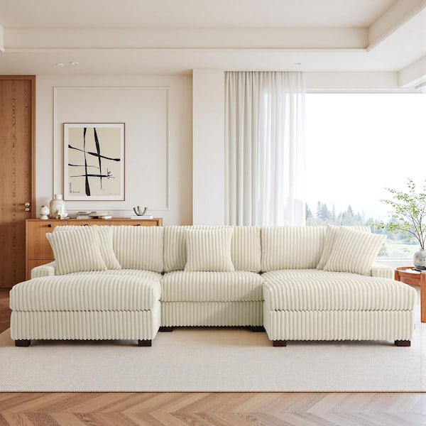 118 in. W Modern Square Arm 5-Piece Faux Rabbit Fur Fabric U-Shaped Modular Sectional Sofa in. White