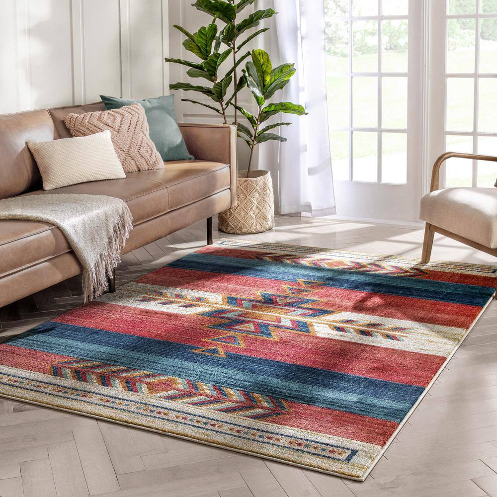 Crimson and Blue Southwestern Medallion Pattern Area Rug 5' x 7'
