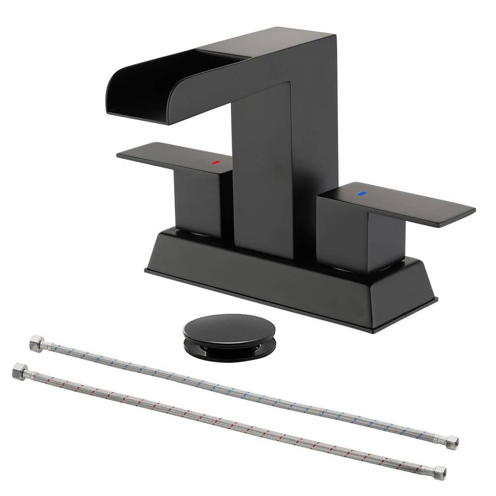 4 in. Centerset Double Handle Waterfall Bathroom Faucet with Drain Kit, Squ