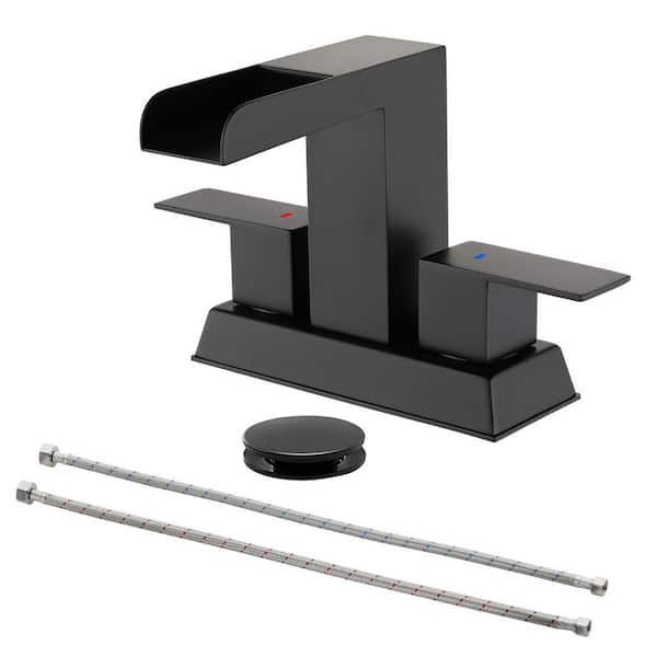 PERLIRIA INC 4 in. Centerset Double Handle Waterfall Bathroom Faucet with Drain Kit, Square Bathroom Sink Faucet in Matte Black
