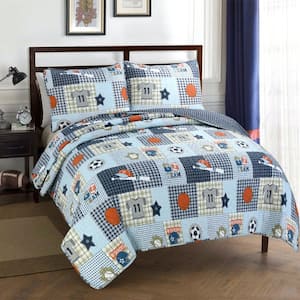 Little League Sports Baseball Basketball Football Soccer 3-Piece Blue Plaid Patchwork Cotton Poly Queen Quilt Bed Set
