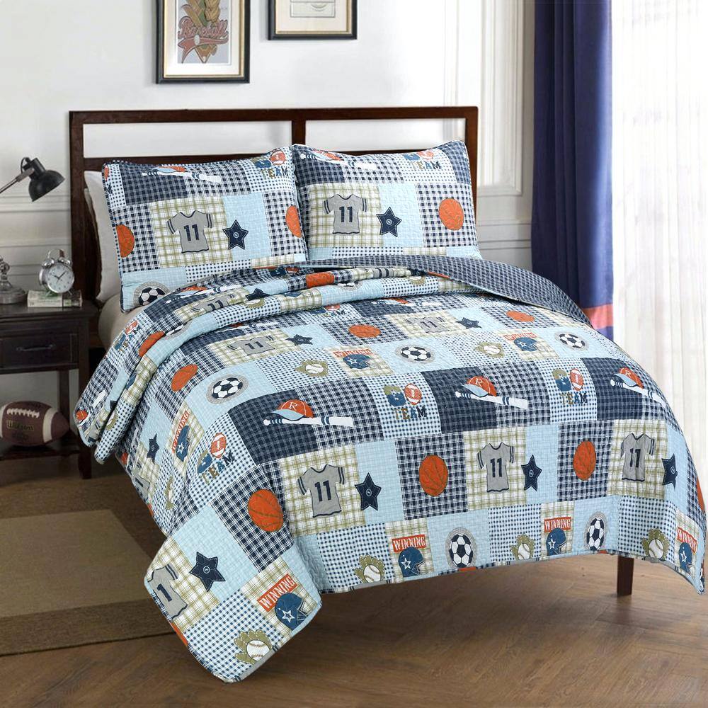 Twin Size Elegant Home Multicolor Sports Soccer Basketball Baseball Football Design 2 Piece Coverlet Bedspread Quilt for Kids Teens Boys # 18-07