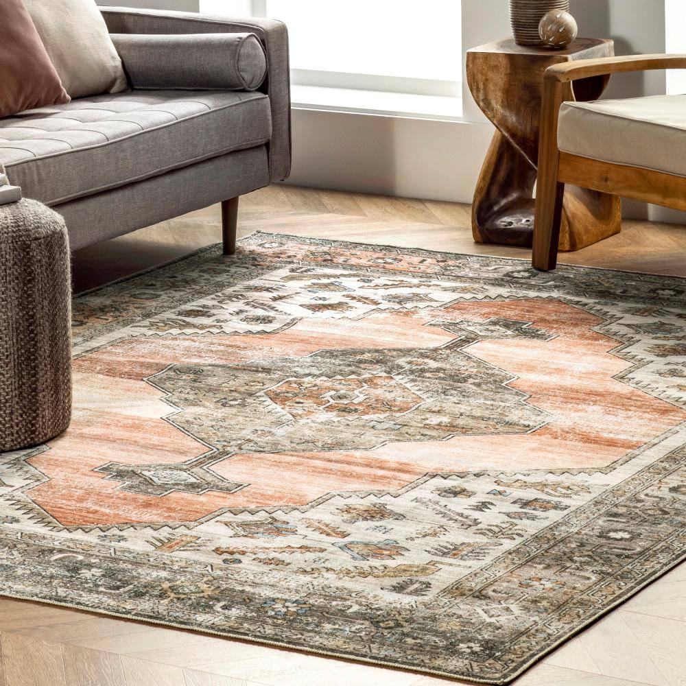 Peach Medallion 6' x 9' Washable Synthetic Area Rug