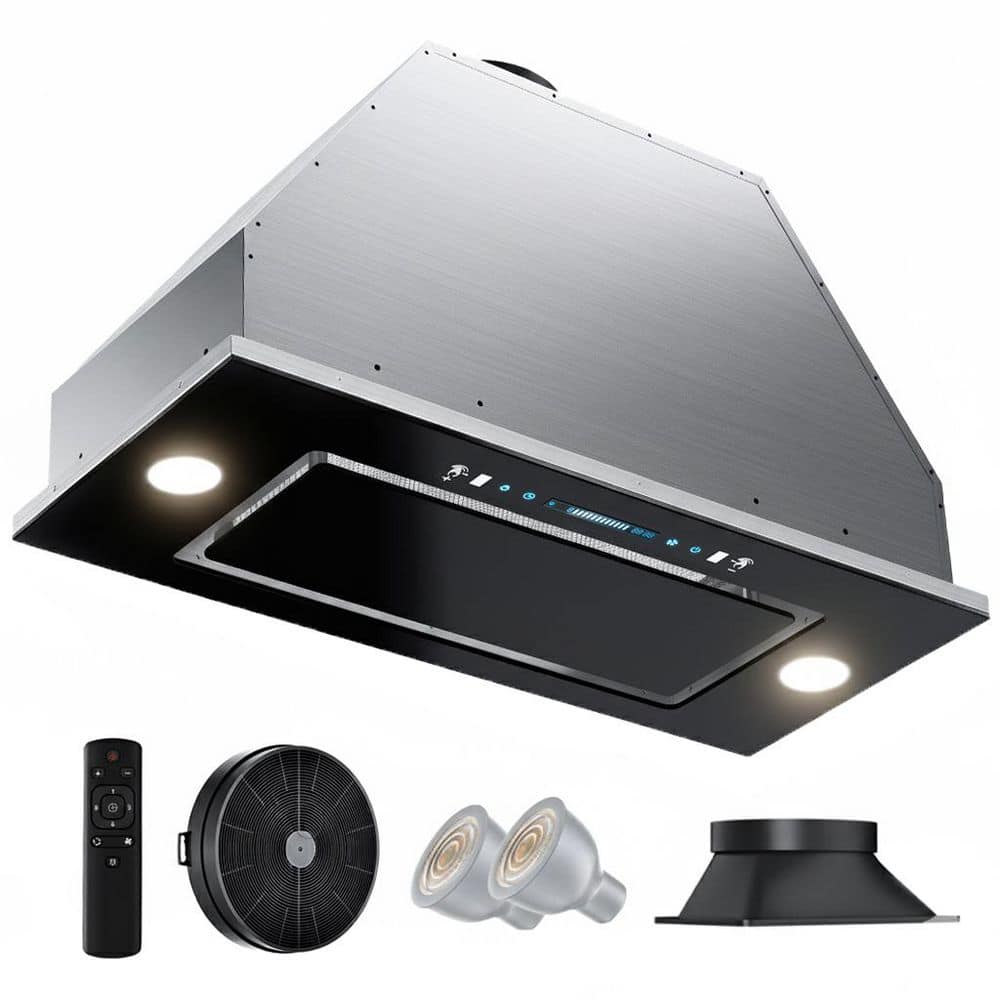 HGUOQ 30 in. 400CFM Convertible Ductless to Ducted Insert Range Hood in Stainless Steel with LED Lights and Washable Filter