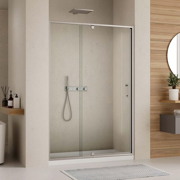 Modern 42 in. W x 71 in. H Pivot Swing Semi-Frameless Shower Door in Chrome Finish with 1/4 in. (6mm) Clear Glass