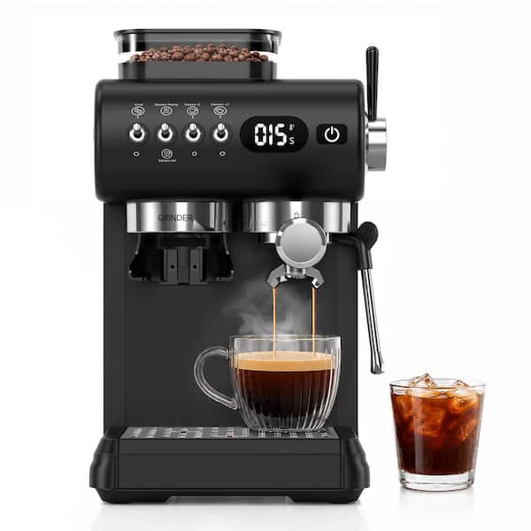2-Cup Black Stainless Steel Semi-Automatic Espresso Machine with Built-In Grinder, 20-Bar Extraction, NTC Temp Control